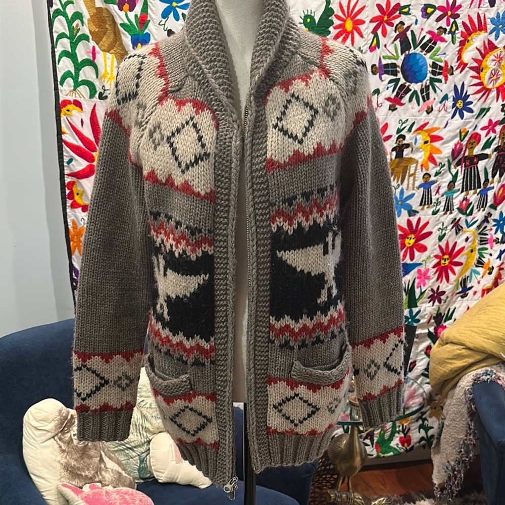 Levi's Gray and Cream Fair Isle Shawl Collar Cardigan with Red Accents